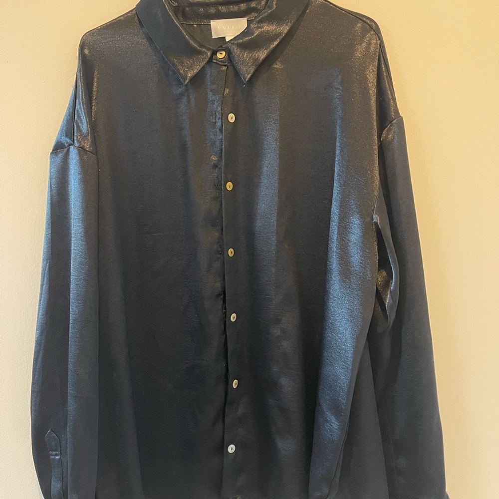 Everly Black Satin Button-Front Blouse